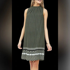 Suzy shier palm print  pleated neckline summer sheer midi sleeveless dress